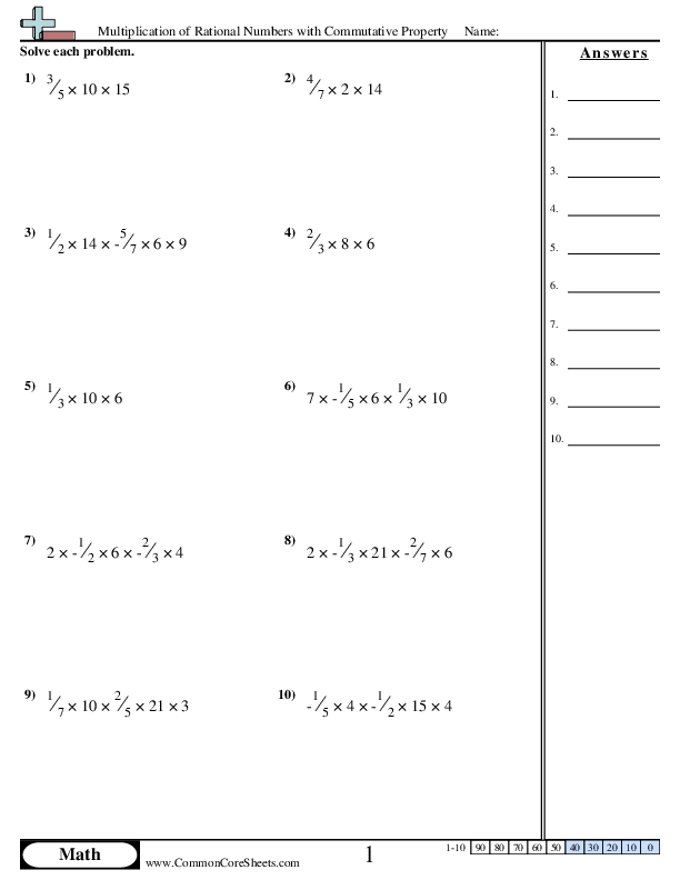 Multiplication of Rational Numbers with Commutative Property worksheet